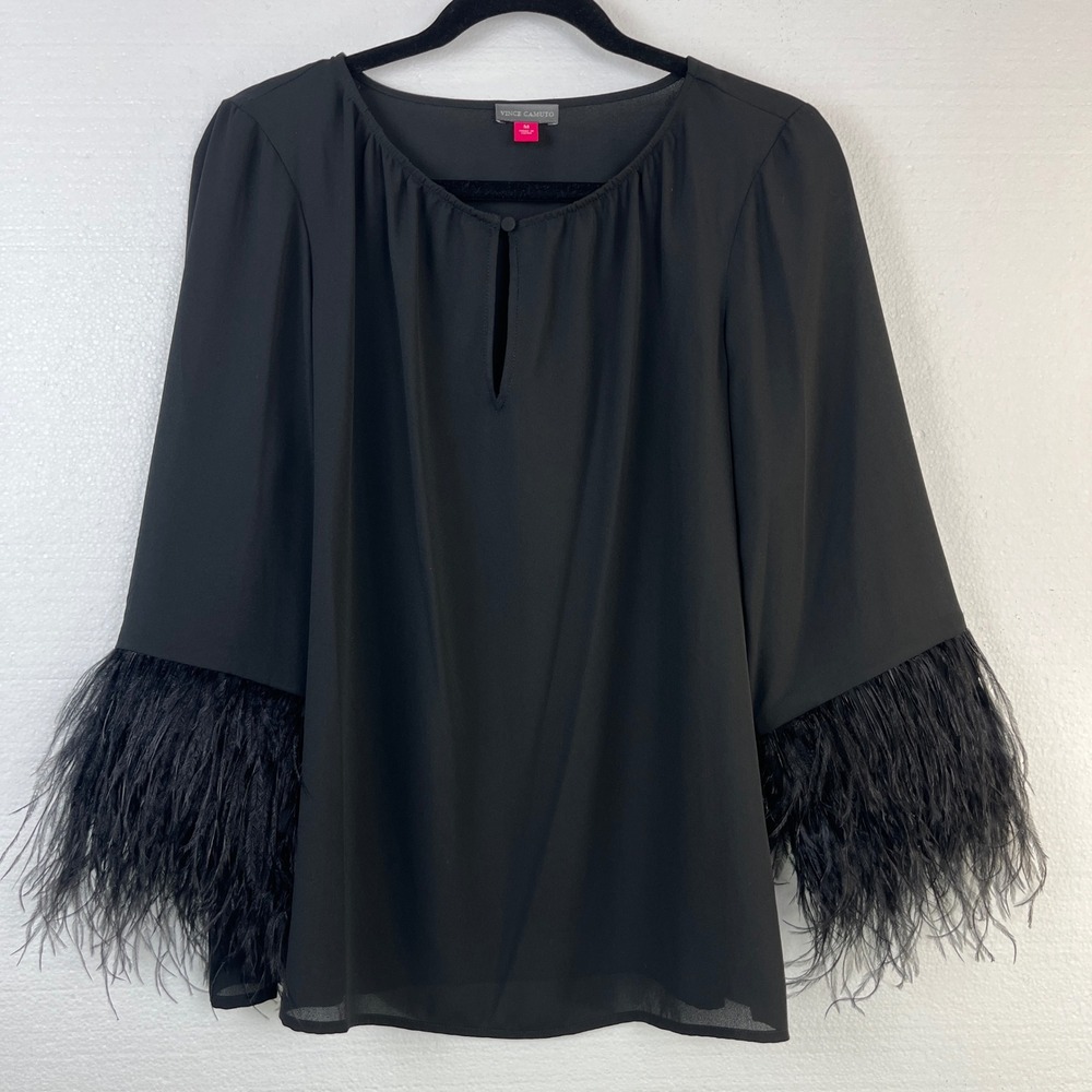 Vince Camuto Black Feather Trim Bell Sleeve Sheer Blouse Size Medium Whimsigoth - Picture 6 of 9